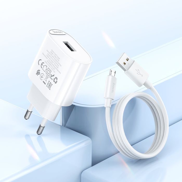 Мережевий зарядний пристрій з кабелем HOCO C109A(10.5W) Fighter single port charger set(Micro) White (6942007656603)