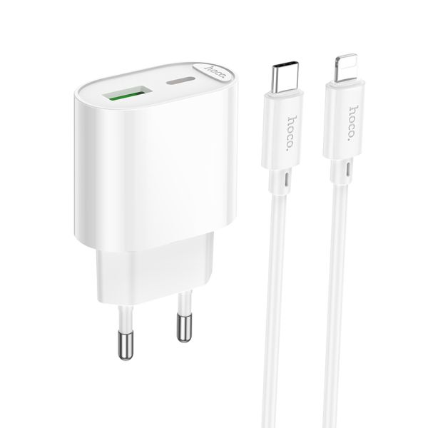 Мережевий зарядний пристрій HOCO C109A(PD20W+QC3.0) Fighter PD20W+QC3.0 charger set(C to iP) White (6942007656726)