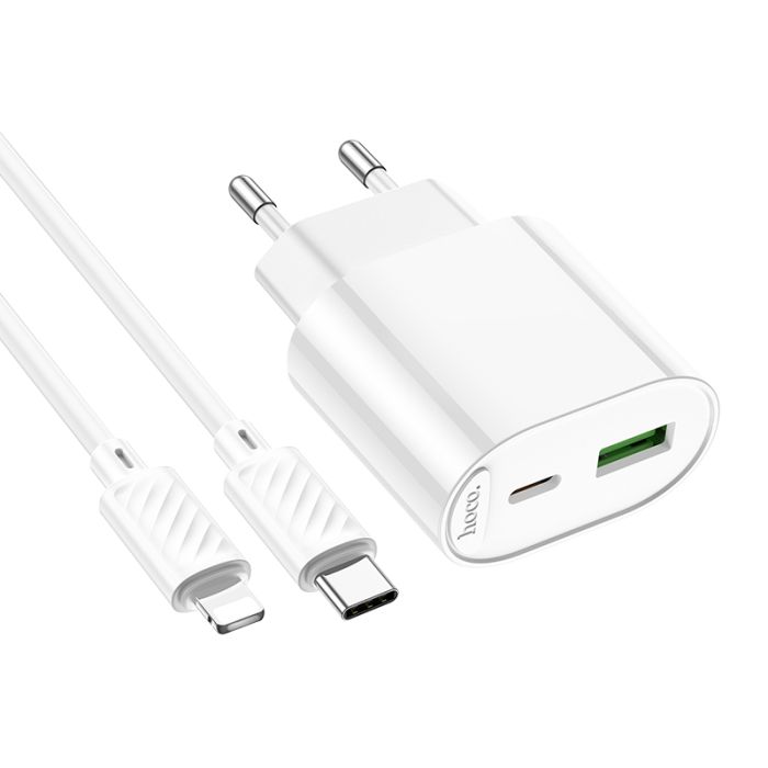 Мережевий зарядний пристрій HOCO C109A(PD20W+QC3.0) Fighter PD20W+QC3.0 charger set(C to iP) White (6942007656726)