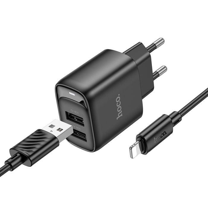 Мережевий зарядний пристрій з кабелем HOCO C141A Smart dual-port charger set(iP) Black (6942007627863)
