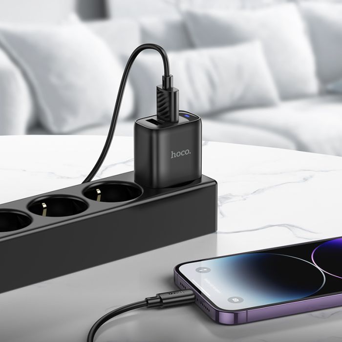 Мережевий зарядний пристрій з кабелем HOCO C141A Smart dual-port charger set(iP) Black (6942007627863)
