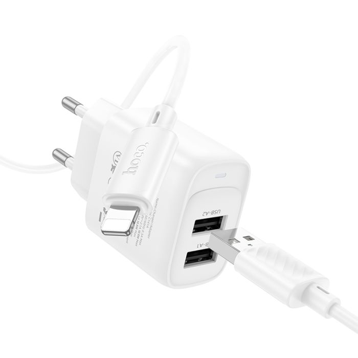 Мережевий зарядний пристрій з кабелем HOCO C141A Smart dual-port charger set(iP) White (6942007627870)