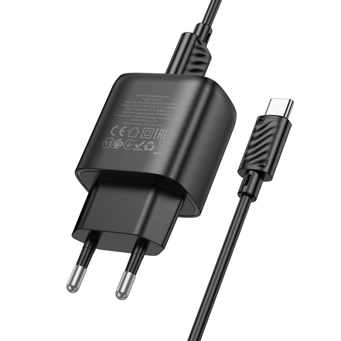 Мережевий зарядний пристрій з кабелем HOCO C141A Smart dual-port charger set(Type-C) Black (6942007627900)