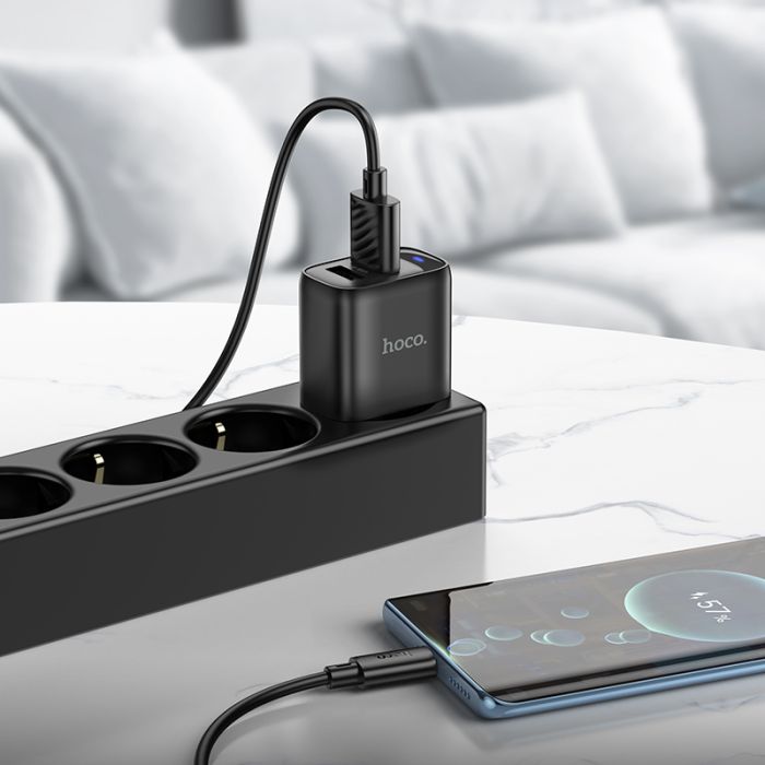 Мережевий зарядний пристрій з кабелем HOCO C141A Smart dual-port charger set(Type-C) Black (6942007627900)