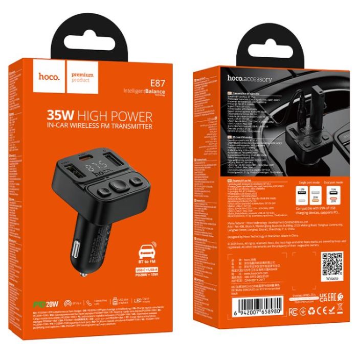 АЗП з FM-модулятором HOCO E87 Delta 35W(1A1C) car BT FM transmitter (6942007658980)