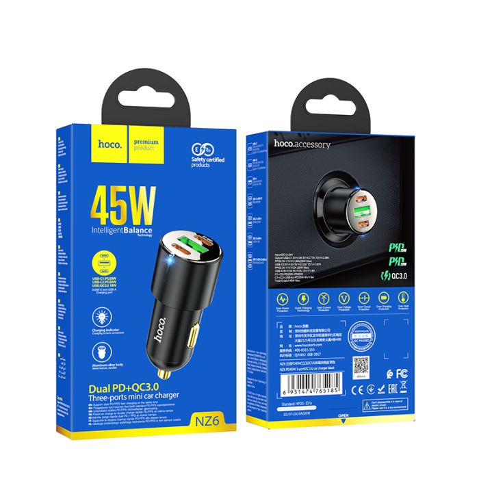 Автомобільний зарядний пристрій HOCO NZ6 PD45W 3-port(2C1A) car charger Black (6931474765185)
