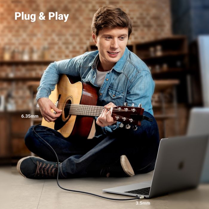 Аудіокабель UGREEN AV127 3.5mm Male to 6.35mm Male, TRS Stereo Audio Cable, nylon braid, 5m Gray (UGR-10630)