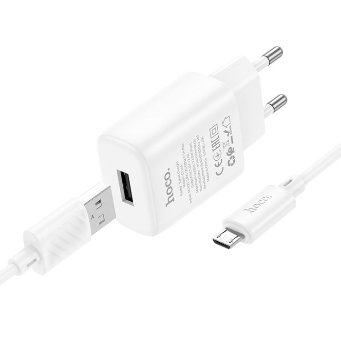 Мережевий зарядний пристрій з кабелем HOCO C134A Solid single-port charger set(Micro) White (6942007621342)
