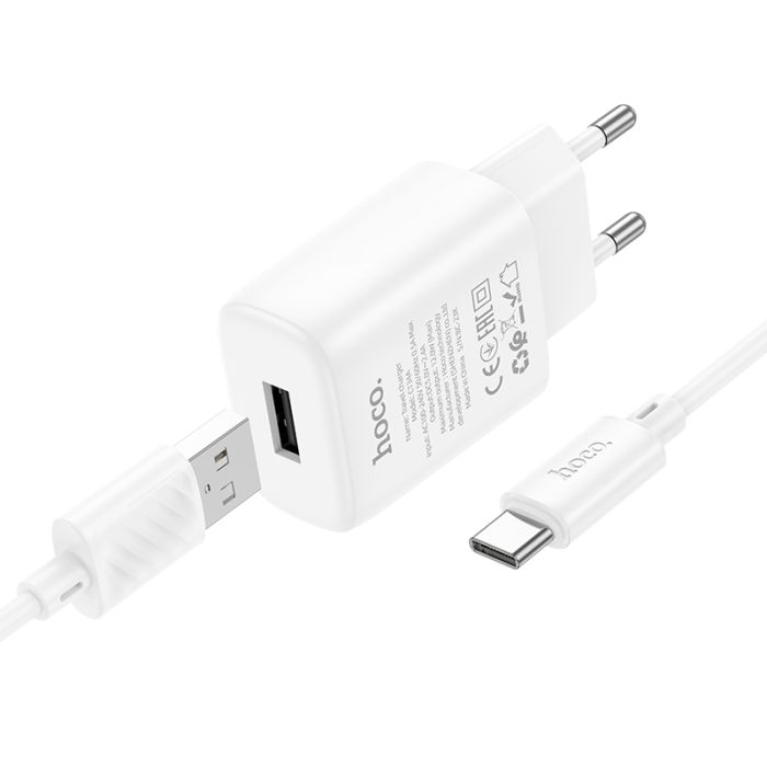 Мережевий зарядний пристрій з кабелем HOCO C134A Solid single-port charger set(Type-C) White (6942007621366)