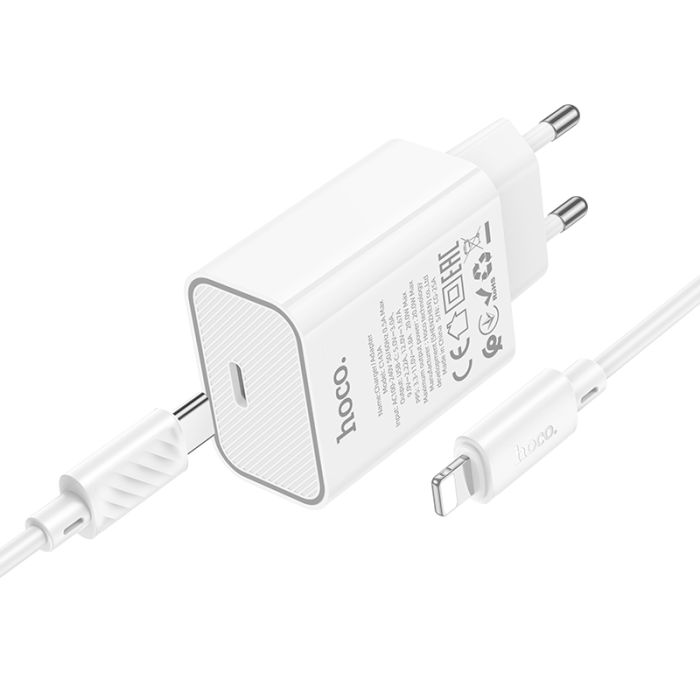 Мережевий зарядний пристрій з кабелем HOCO C143A Benefit single port PD20W charger set(C to iP) White (6942007652070)