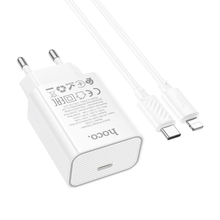 Мережевий зарядний пристрій з кабелем HOCO C143A Benefit single port PD20W charger set(C to iP) White (6942007652070)