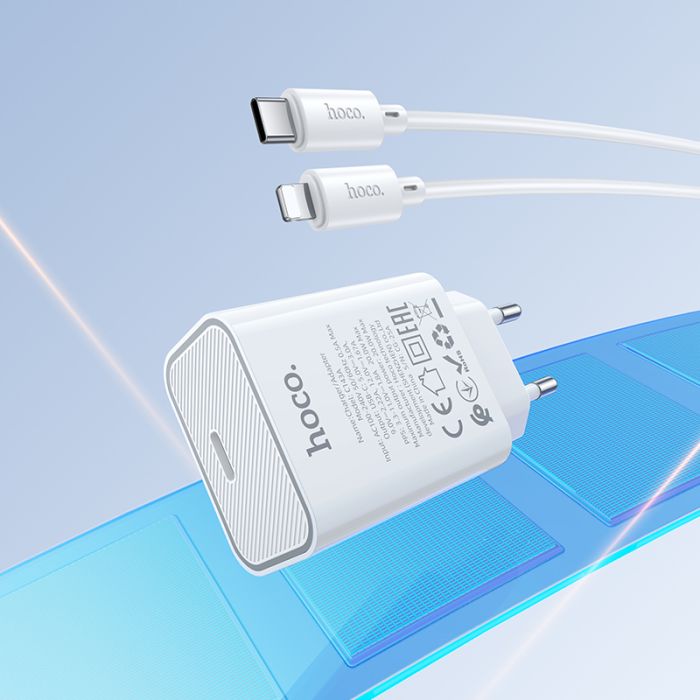 Мережевий зарядний пристрій з кабелем HOCO C143A Benefit single port PD20W charger set(C to iP) White (6942007652070)