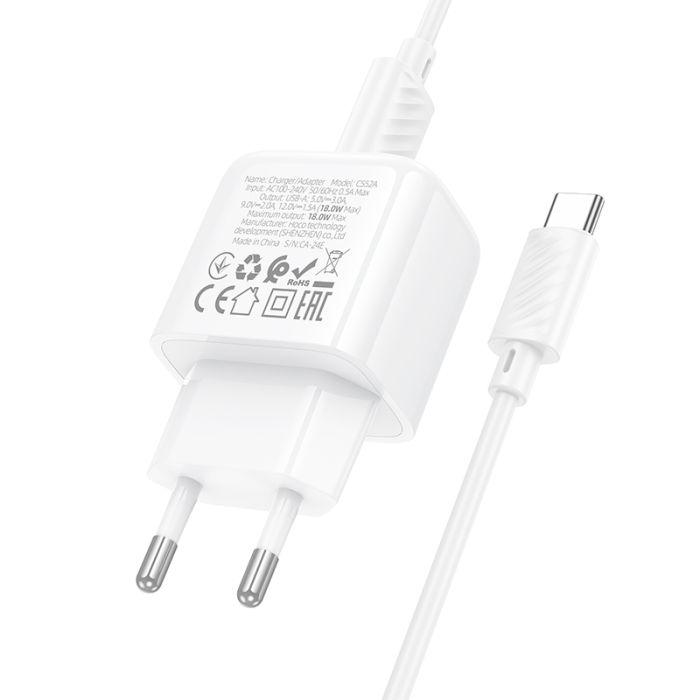 Мережевий зарядний пристрій з кабелем HOCO CS52A 18W Surplus single-port QC3.0 charger set(Type-C) White (6942007631471)