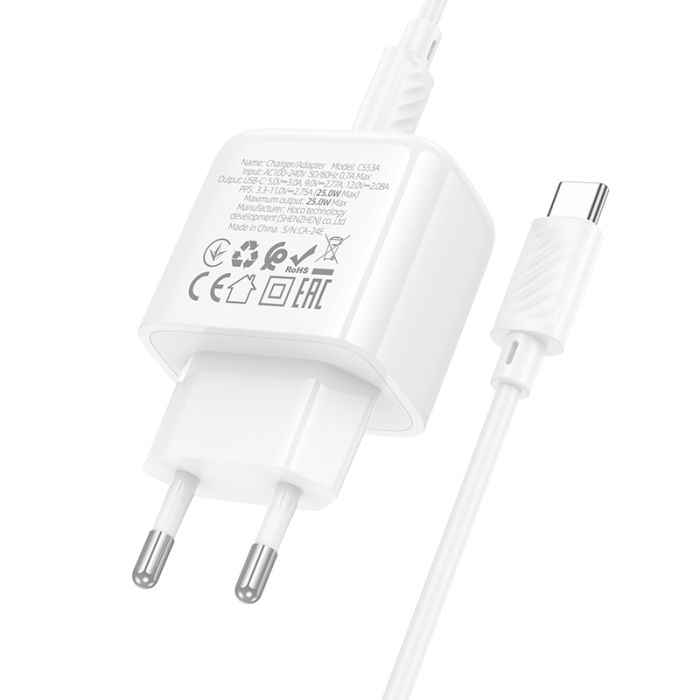 Мережевий зарядний пристрій з кабелем HOCO CS53A Surplus single port PD25W charger set(C to C) White (6942007631501)