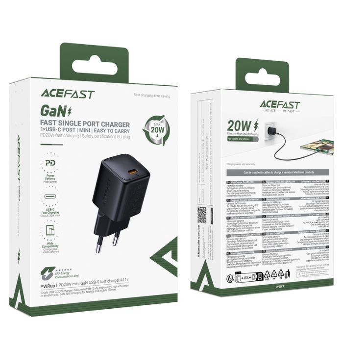Мережевий зарядний пристрій ACEFAST A117 PD20W mini GaN USB-C fast charger Black (6974316284987)