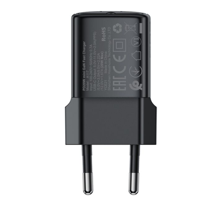 Мережевий зарядний пристрій ACEFAST A117 PD20W mini GaN USB-C fast charger Black (6974316284987)