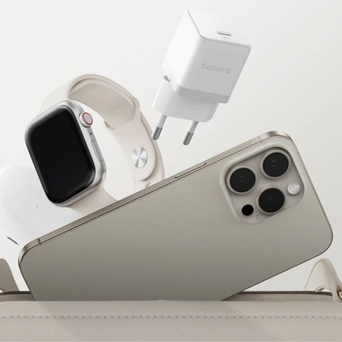 Мережевий зарядний пристрій з кабелем Baseus Palm Fast Charger 1C 20W EU Moon White set USB-C to iP 20W 1m (E0116400)