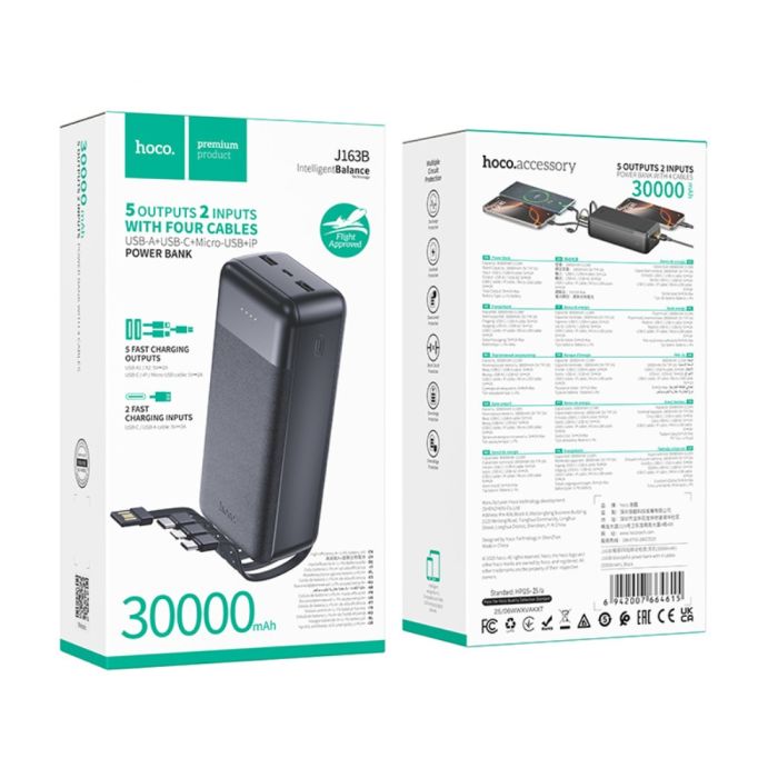 Зовнішній акумулятор HOCO J163B Wonderful power bank with 4 cables(30000mAh) Black (6942007664615)