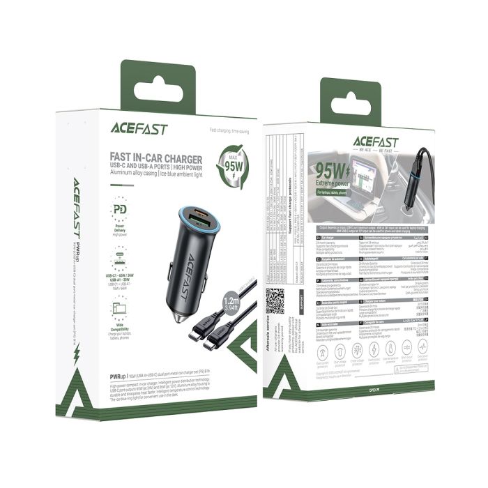 Автомобільний зарядний пристрій ACEFAST B16 95W (USB-A+USB-C) dual port metal car charger set (P5) Metal Gray (6974316285304)