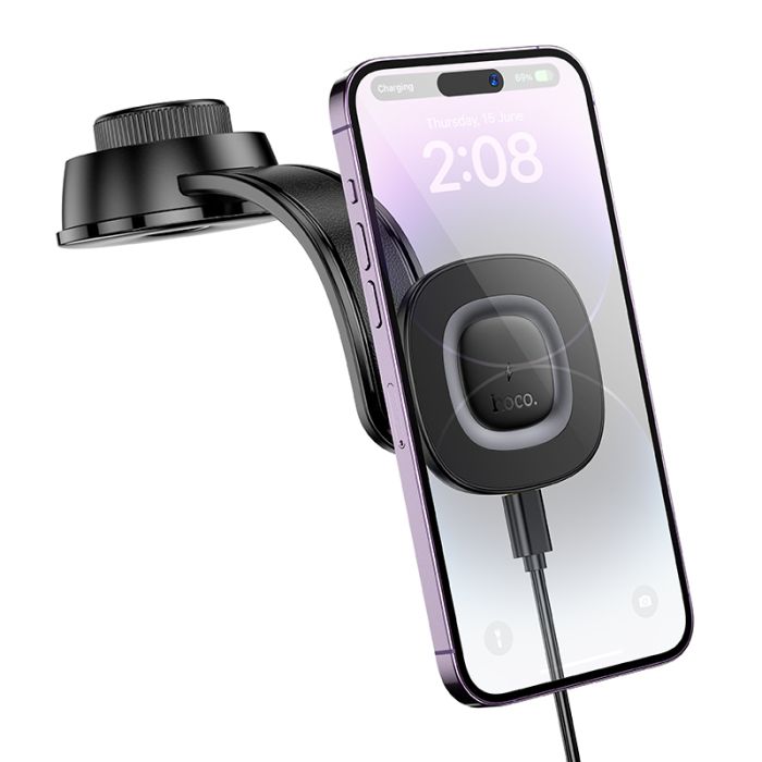 Автотримач для телефона з БЗП HOCO HW31 Crown magnetic wireless charging car holder(center console) Black Metal Gray (6942007646932)