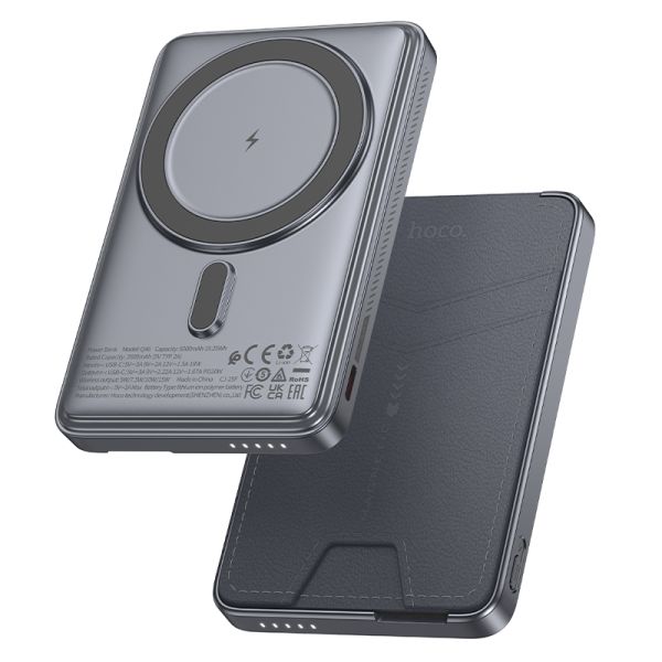 Зовнішній акумулятор HOCO Q46 Title PD20W magnetic power bank+card holder+phone holder(5000mAh) Silver Gray (6942007663106)