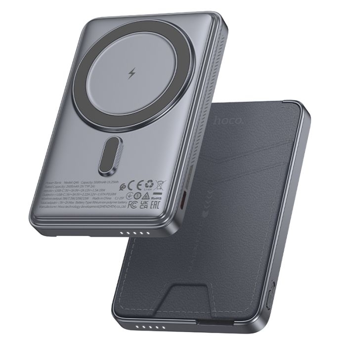 Зовнішній акумулятор HOCO Q46 Title PD20W magnetic power bank+card holder+phone holder(5000mAh) Silver Gray (6942007663106)