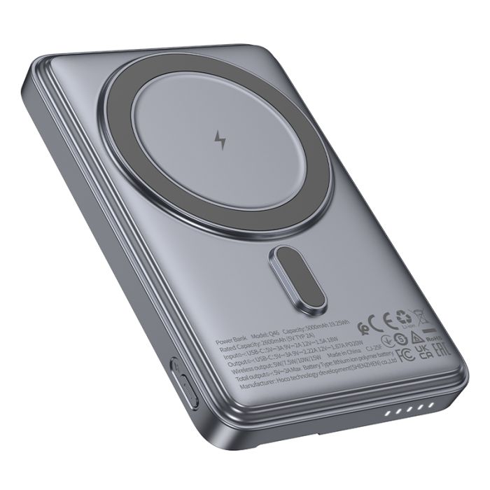 Зовнішній акумулятор HOCO Q46 Title PD20W magnetic power bank+card holder+phone holder(5000mAh) Silver Gray (6942007663106)