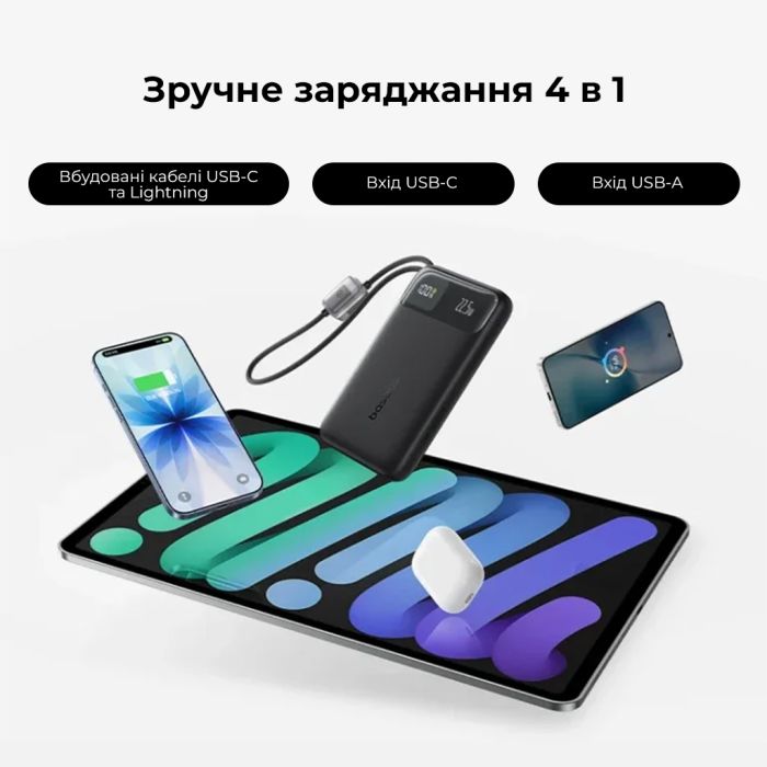 Зовнішній акумулятор Baseus EnerFill FC11 Digital Display Power Bank with Dual Built-in Cables 10000mAh 22.5W Cosmic Black (E0027R04)