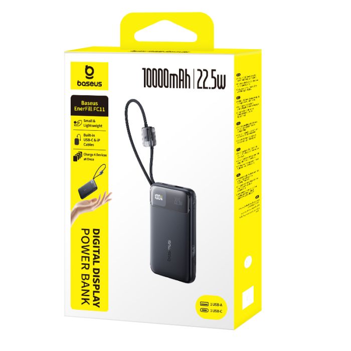 Зовнішній акумулятор Baseus EnerFill FC11 Digital Display Power Bank with Dual Built-in Cables 10000mAh 22.5W Cosmic Black (E0027R04)