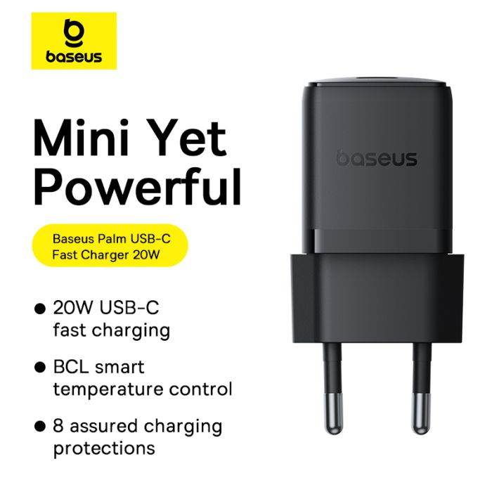 Мережевий зарядний пристрій з кабелем Baseus Palm Fast Charger 1C 20W EU Cosmic Black  set USB-C to iP 20W 1m (E0116401)