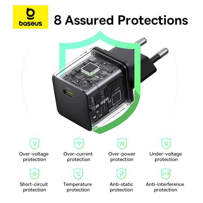 Мережевий зарядний пристрій з кабелем Baseus Palm Fast Charger 1C 20W EU Cosmic Black  set USB-C to iP 20W 1m (E0116401)