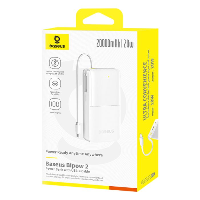 Зовнішній акумулятор Baseus Bipow 2 Digital Display Power Bank With Built-in USB-C Cable 20000mah 20W Moon White (P10077101213-01)