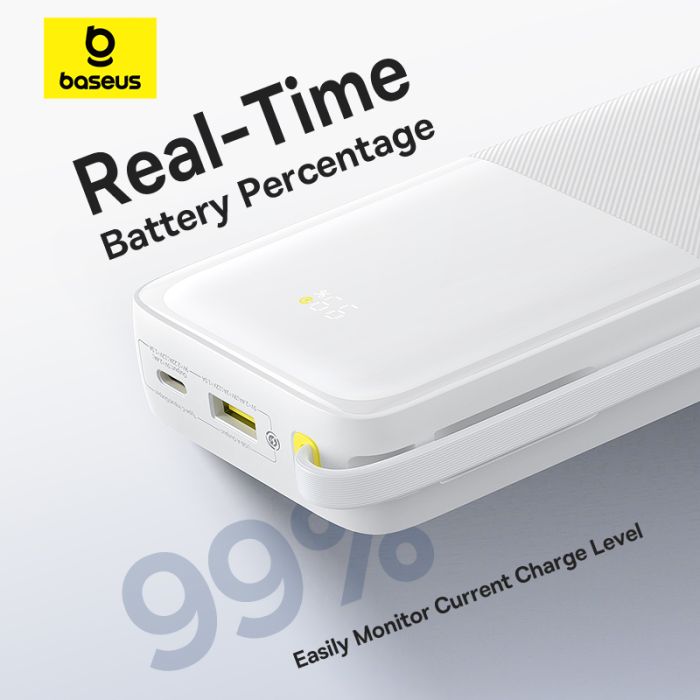 Зовнішній акумулятор Baseus Bipow 2 Digital Display Power Bank With Built-in USB-C Cable 20000mah 20W Moon White (P10077101213-01)