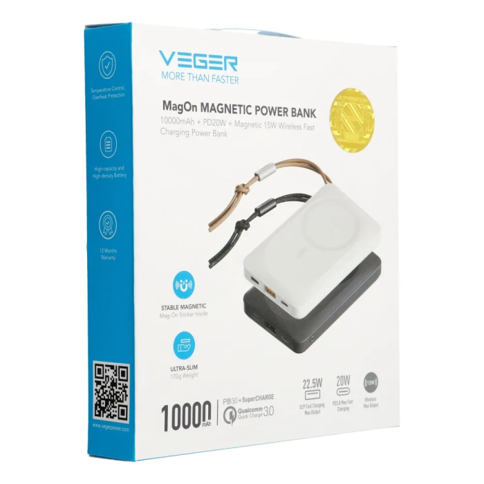 Зовнішній акумулятор VEGER 10000 mAh with wireless charging compatible with MagSafe PD QC3.0 2A 20W MagOn (VP1151 / W1151) white (VG-VP1151/W1151)