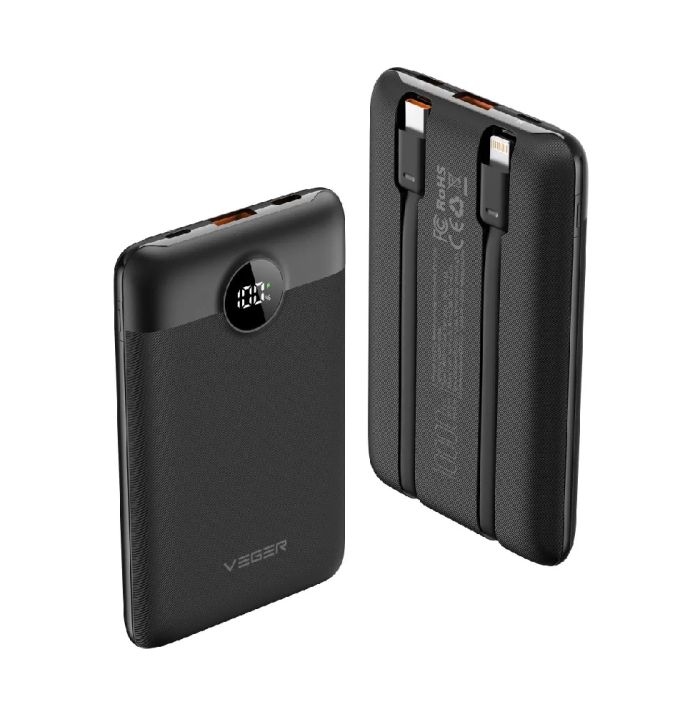 Зовнішній акумулятор VEGER 10000 mAh with built-in cables Type C / Lightning PD QC3.0 2A 22,5W C11 (W1170) black (VG-W1170)