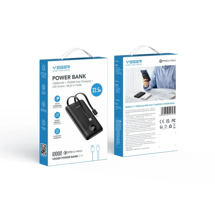 Зовнішній акумулятор VEGER 10000 mAh with built-in cables Type C / Lightning PD QC3.0 2A 22,5W C11 (W1170) black (VG-W1170)