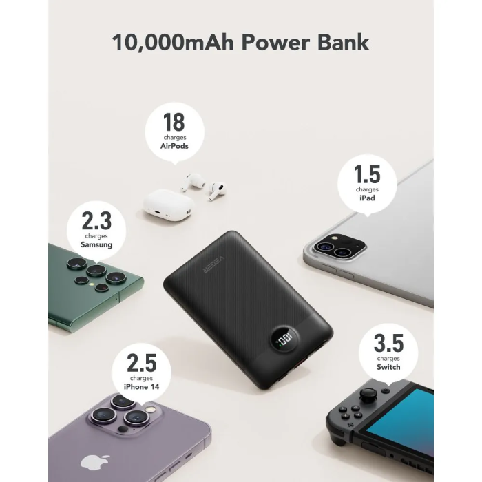 Зовнішній акумулятор VEGER 10000 mAh with built-in cables Type C / Lightning PD QC3.0 2A 22,5W C11 (W1170) black (VG-W1170)