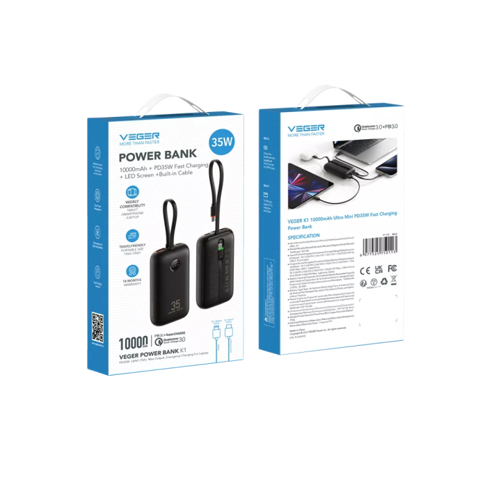 Зовнішній акумулятор VEGER 10000 mAh with built-in cables Type C / Lightning PD QC3.0 35W K1 (W1188) black (VG-W1188)