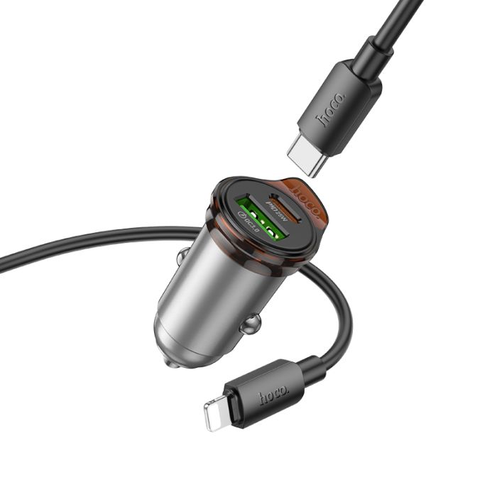Автомобільний зарядний пристрій HOCO NZ16A Rigorous 43W dual port PD25W+QC3.0 car charger set(C to iP) Metal Grey (6942007644754)