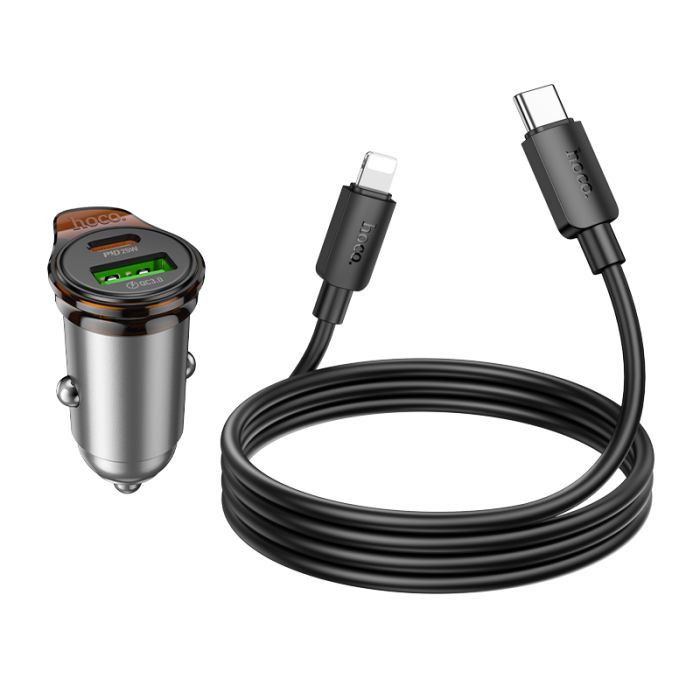Автомобільний зарядний пристрій HOCO NZ16A Rigorous 43W dual port PD25W+QC3.0 car charger set(C to iP) Metal Grey (6942007644754)