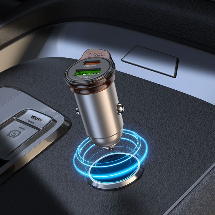 Автомобільний зарядний пристрій HOCO NZ16A Rigorous 43W dual port PD25W+QC3.0 car charger set(C to iP) Metal Grey (6942007644754)