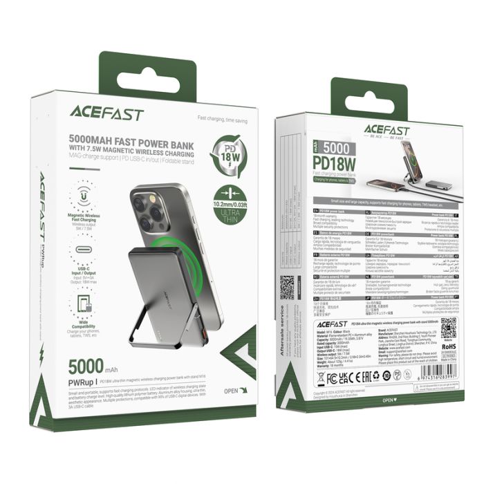 Зовнішній акумулятор ACEFAST M16-5000 PD18W ultra-thin magnetic wireless charging power bank with stand Black (6974316283997)