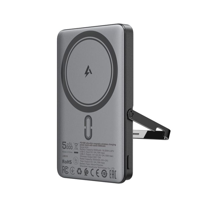 Зовнішній акумулятор ACEFAST M16-5000 PD18W ultra-thin magnetic wireless charging power bank with stand Black (6974316283997)