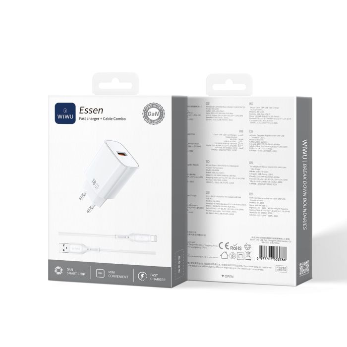 Мережевий зарядний пристрій з кабелем WIWU 18W Essen GaN Fast Charger + Cable Combo Wi-G006 A-L EU White (6977703654769)