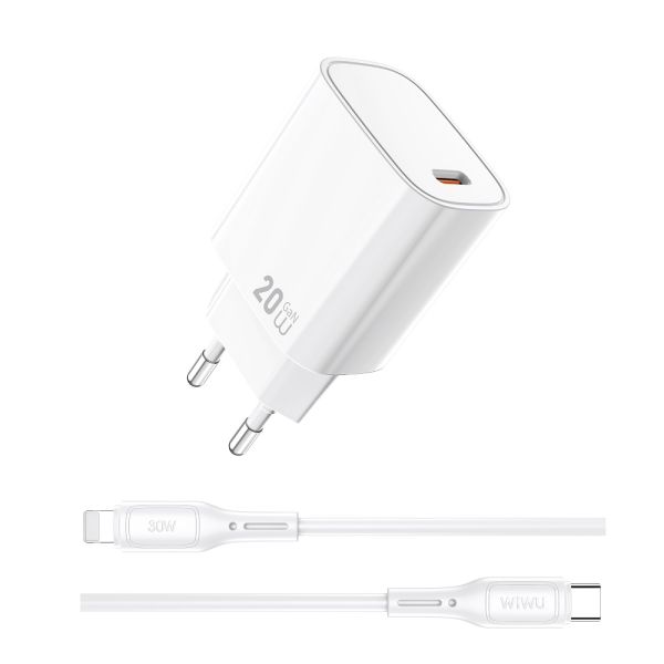 Мережевий зарядний пристрій з кабелем WIWU 20W Essen GaN Fast Charger+ Cable Combo Wi-G007 C-L EU White (6977703653908)
