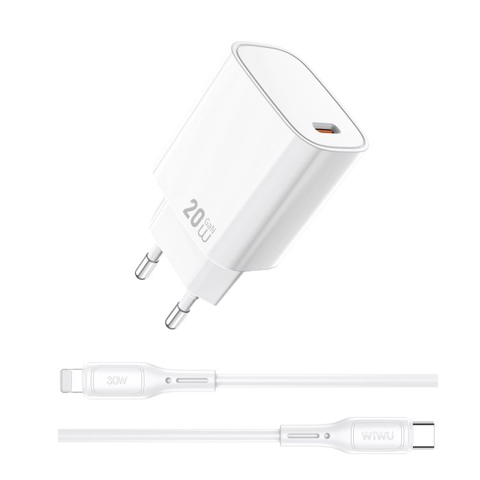 Мережевий зарядний пристрій з кабелем WIWU 20W Essen GaN Fast Charger+ Cable Combo Wi-G007 C-L EU White (6977703653908)