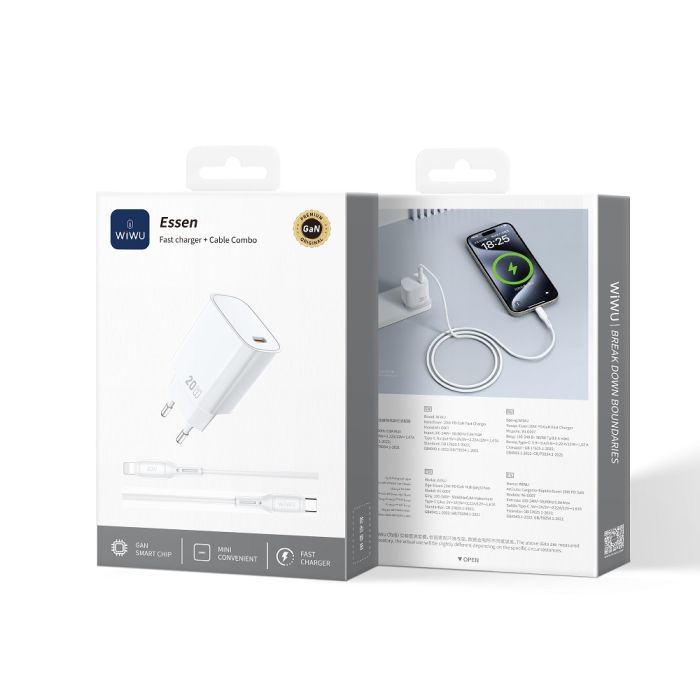 Мережевий зарядний пристрій з кабелем WIWU 20W Essen GaN Fast Charger+ Cable Combo Wi-G007 C-L EU White (6977703653908)