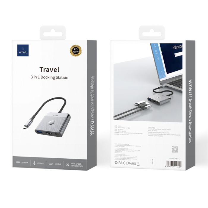 USB-Hub WIWU Traveling 3in1 USB C hub Wi-HB002 Gray (6976975616437)