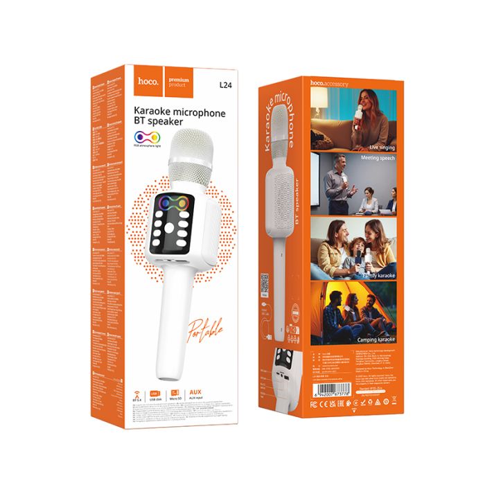 Портативна колонка-мікрофон HOCO L24 Shine karaoke microphone, 5W, White (6942007673778)