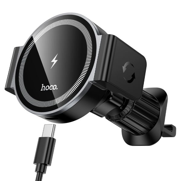 Автотримач для телефона з БЗП HOCO HW35 Power electric magnetic wireless fast charging car holder(air outlet) Black (6942007660792)